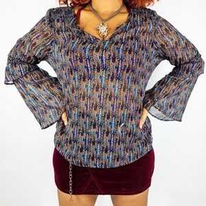 Y2K BOHO FEATHER PRINT BELL SLEEVE BLOUSE SIZE MEDIUM